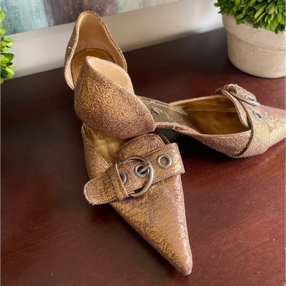 PRADA VINTAGE D’ORSAY KITTEN HEELS PUMPS GOLDEN BROCADE ICONIC BUCKLE SIZE 39.5 - Picture 4 of 17